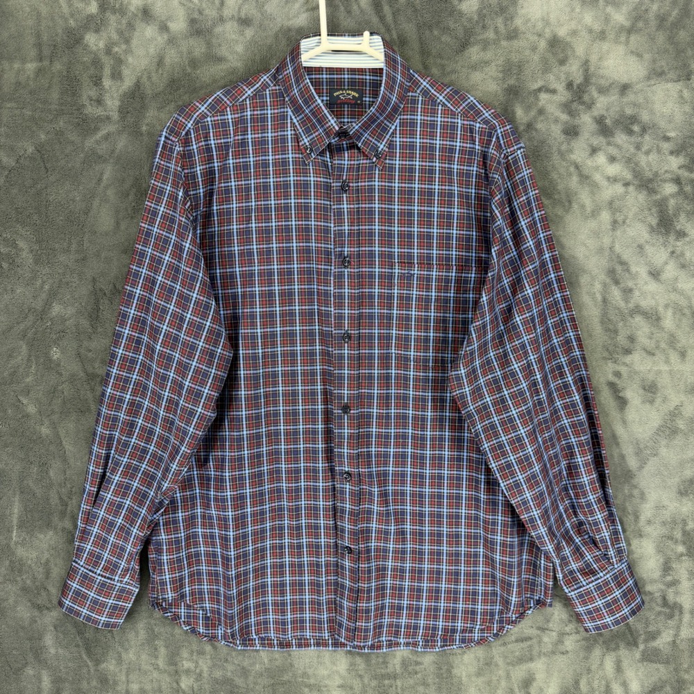 Paul & Shark Yachting Mens Plaid‎ Button Down Shirt Blue Red Made in Italy Sz 42